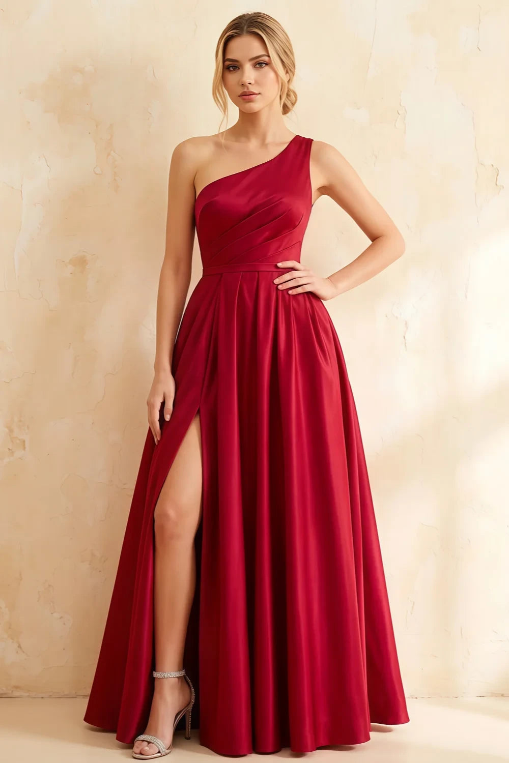 Jacqueline Red Satin A-line One Shoulder Maxi Dress