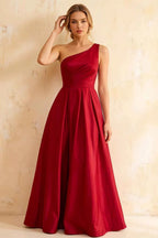 Jacqueline Red Satin A-line One Shoulder Maxi Dress