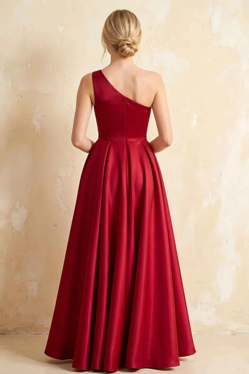 Jacqueline Red Satin A-line One Shoulder Maxi Dress