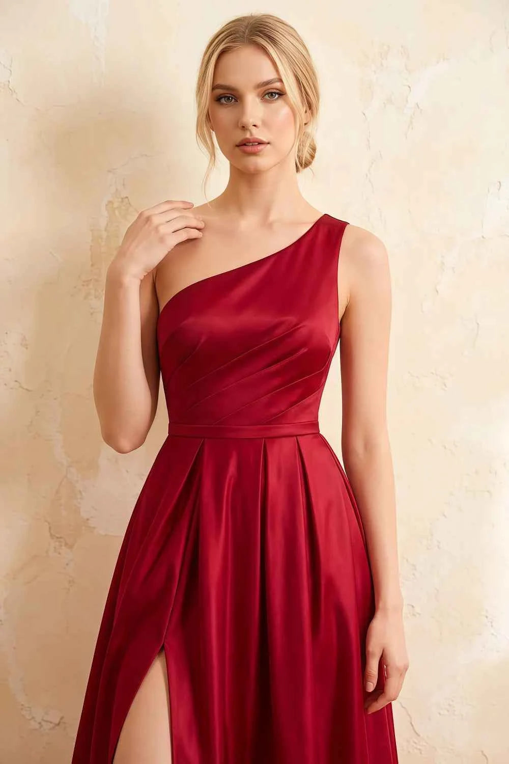 Jacqueline Red Satin A-line One Shoulder Maxi Dress