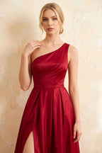Jacqueline Red Satin A-line One Shoulder Maxi Dress
