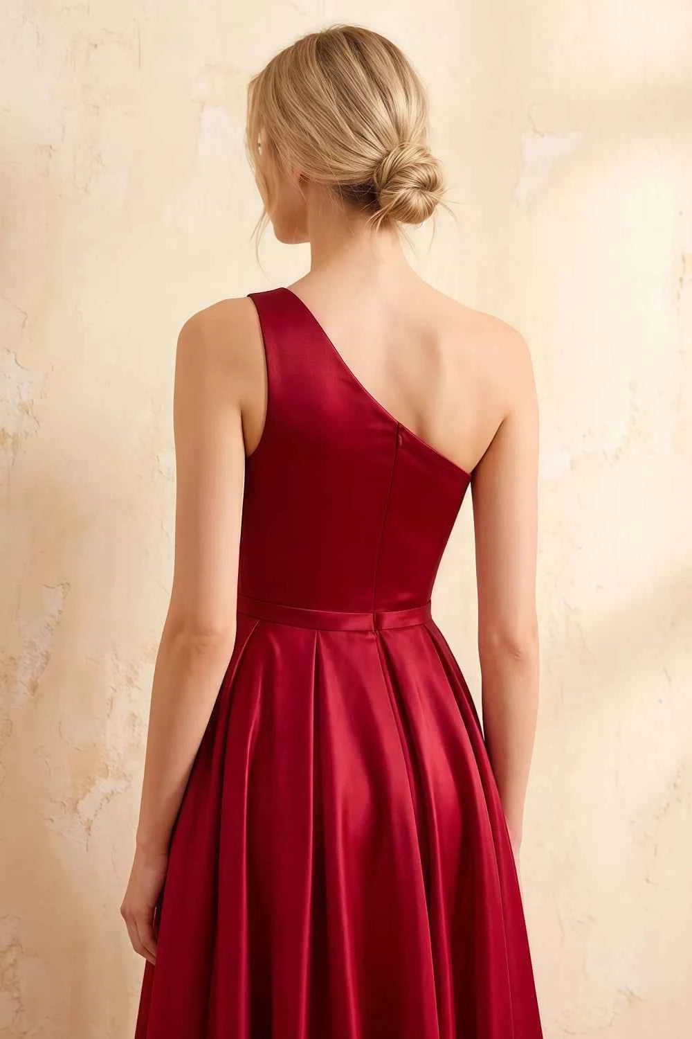 Jacqueline Red Satin A-line One Shoulder Maxi Dress