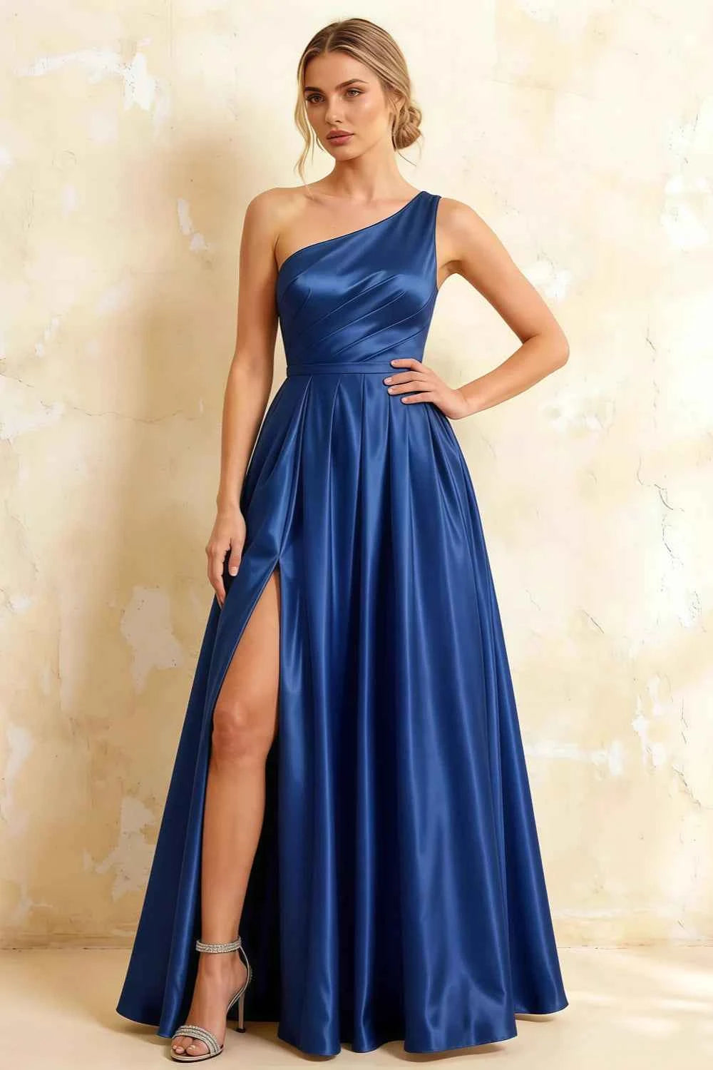 Jacqueline Royal Blue Satin A-line One Shoulder Maxi Dress