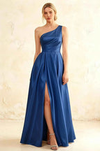 Jacqueline Royal Blue Satin A-line One Shoulder Maxi Dress