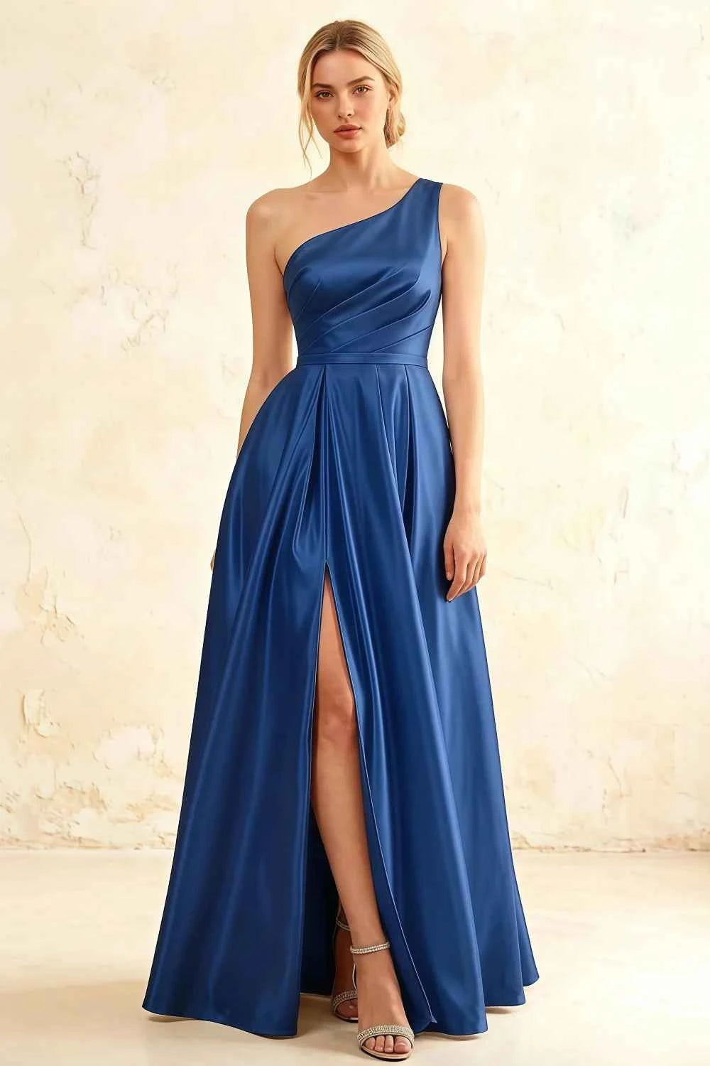 Jacqueline Royal Blue Satin A-line One Shoulder Maxi Dress