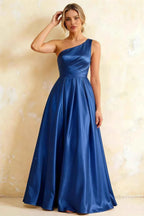 Jacqueline Royal Blue Satin A-line One Shoulder Maxi Dress