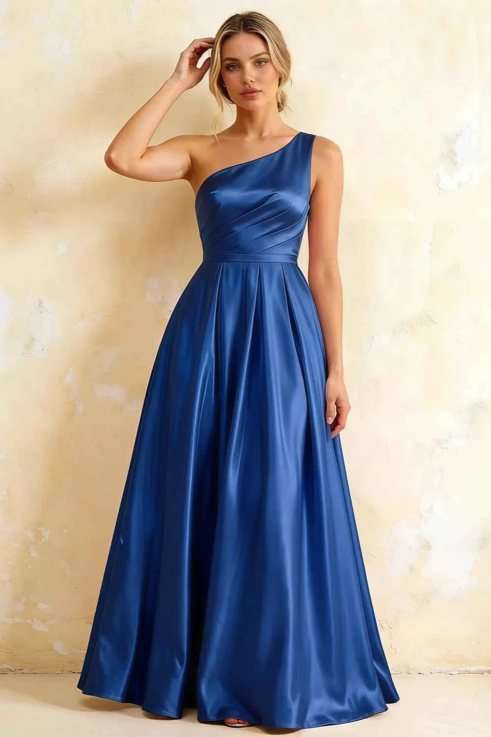 Jacqueline Royal Blue Satin A-line One Shoulder Maxi Dress