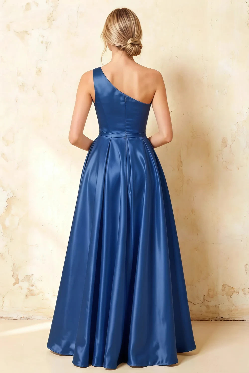 Jacqueline Royal Blue Satin A-line One Shoulder Maxi Dress