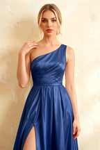 Jacqueline Royal Blue Satin A-line One Shoulder Maxi Dress