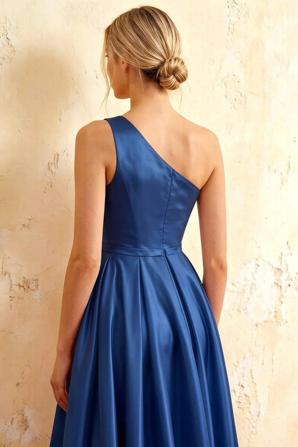 Jacqueline Royal Blue Satin A-line One Shoulder Maxi Dress