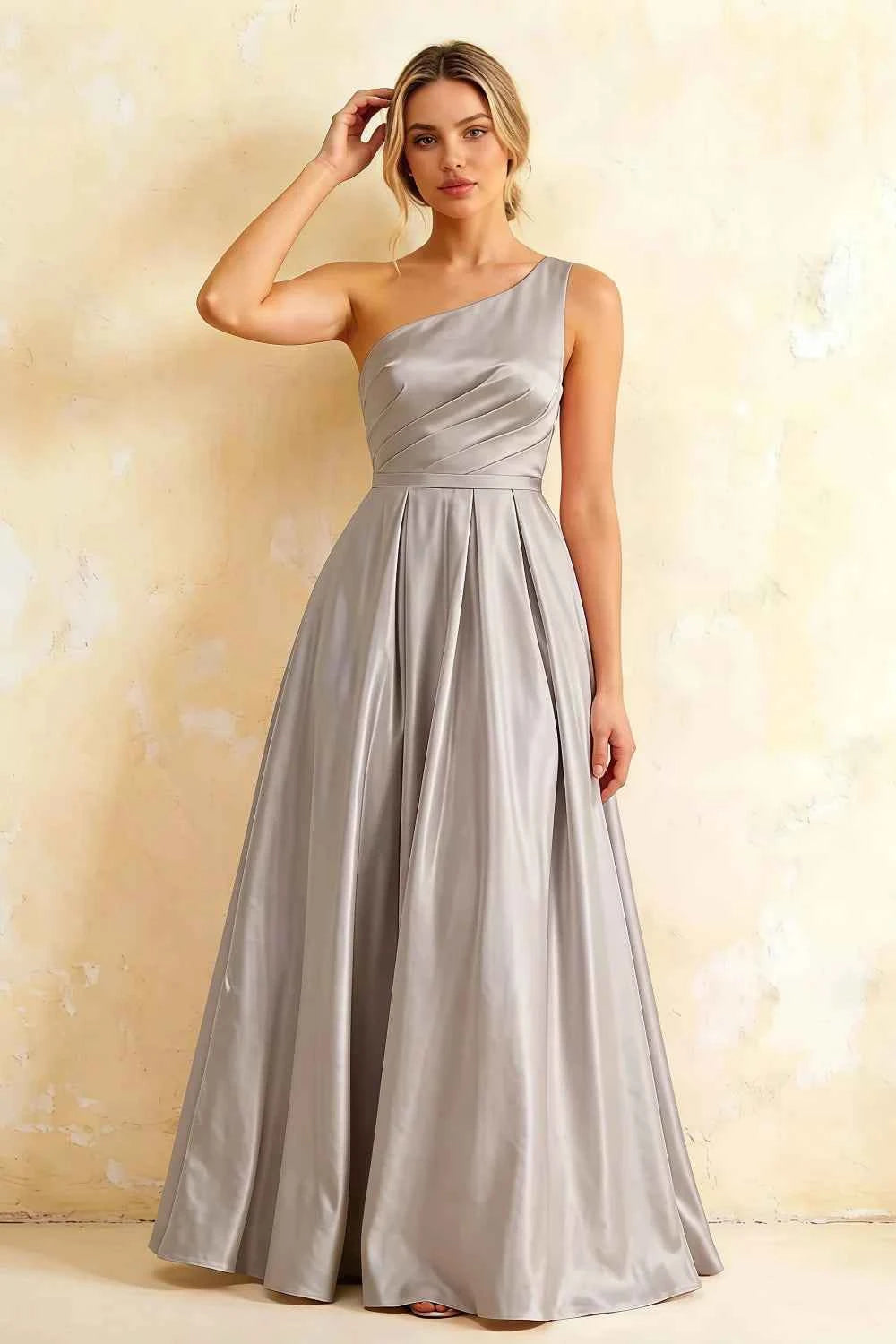 Jacqueline Silver Satin A-line One Shoulder Maxi Dress