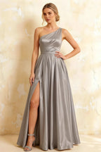 Jacqueline Silver Satin A-line One Shoulder Maxi Dress