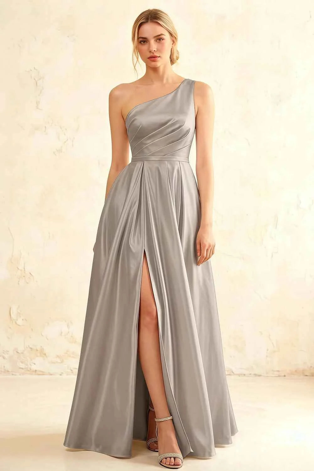 Jacqueline Silver Satin A-line One Shoulder Maxi Dress
