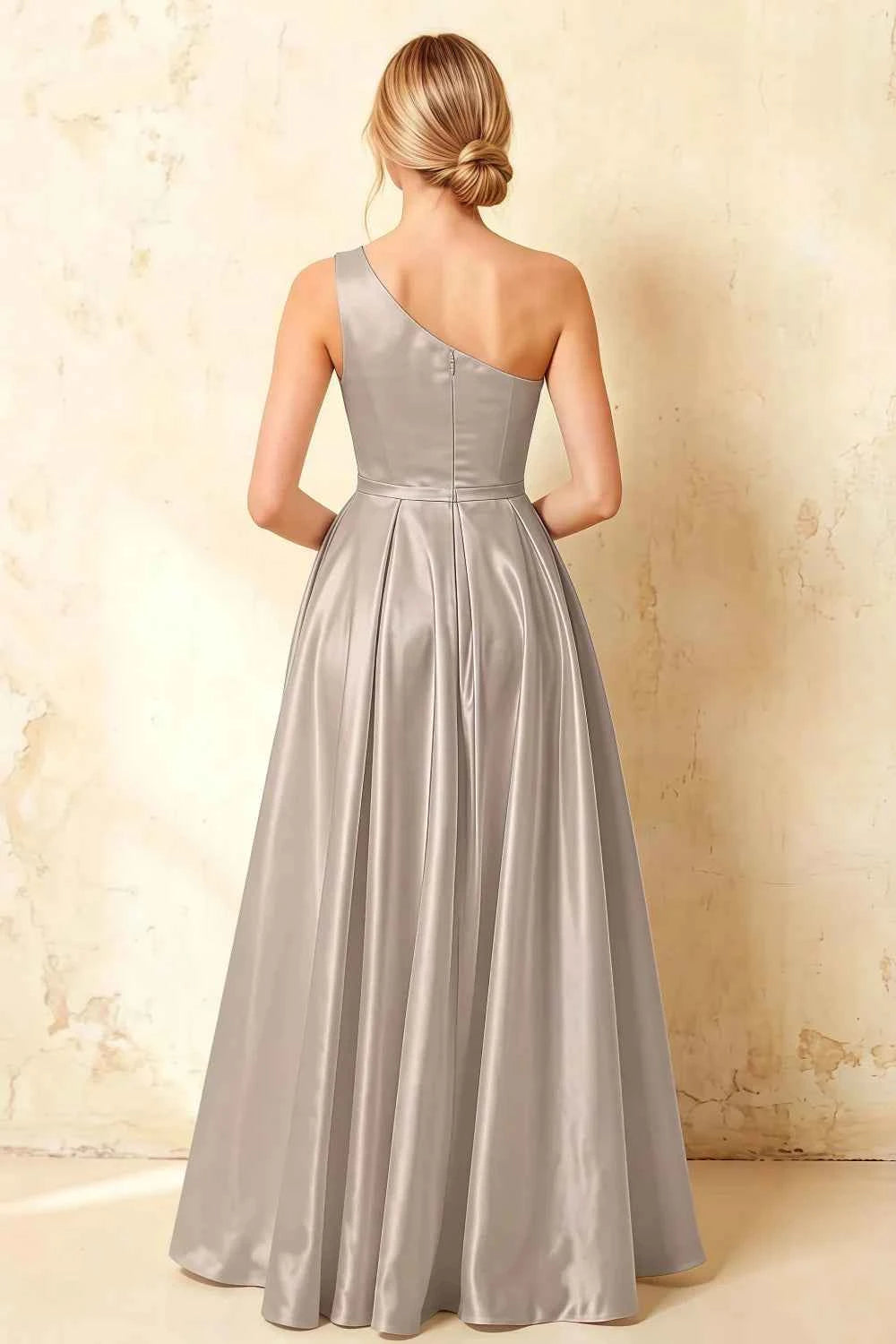 Jacqueline Silver Satin A-line One Shoulder Maxi Dress