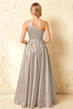 Jacqueline Silver Satin A-line One Shoulder Maxi Dress