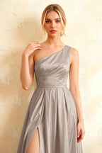 Jacqueline Silver Satin A-line One Shoulder Maxi Dress