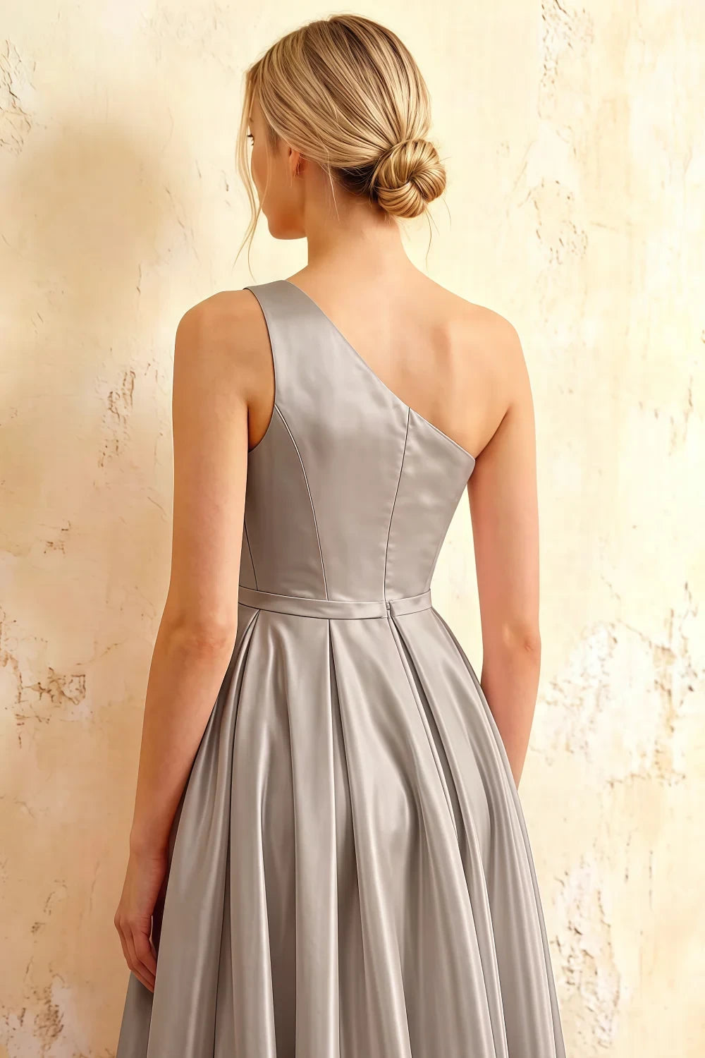 Jacqueline Silver Satin A-line One Shoulder Maxi Dress