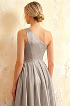 Jacqueline Silver Satin A-line One Shoulder Maxi Dress