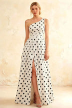 Jacqueline White Polka Dot A-line One Shoulder Maxi Dress