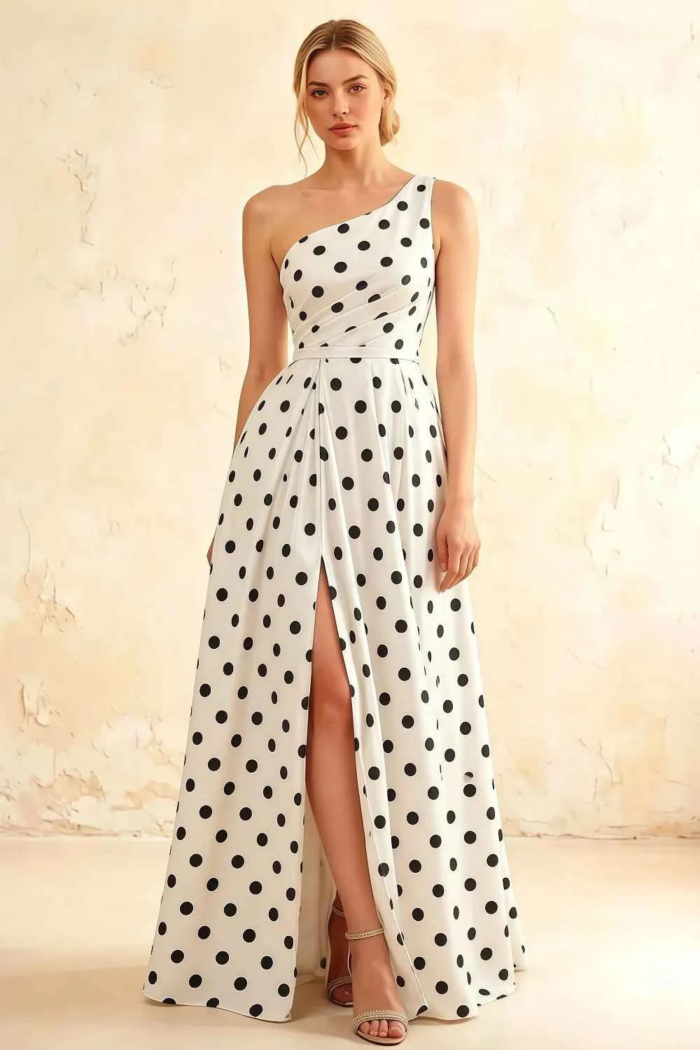 Jacqueline White Polka Dot A-line One Shoulder Maxi Dress