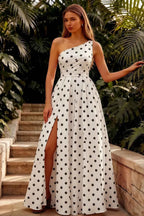 Jacqueline White Polka Dot A-line One Shoulder Maxi Dress