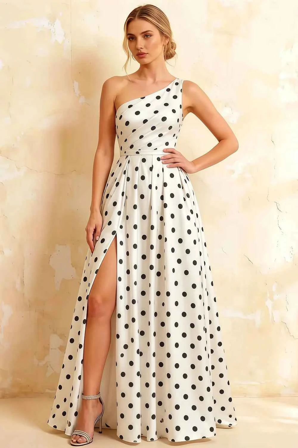 Jacqueline White Polka Dot A-line One Shoulder Maxi Dress