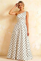 Jacqueline White Polka Dot A-line One Shoulder Maxi Dress