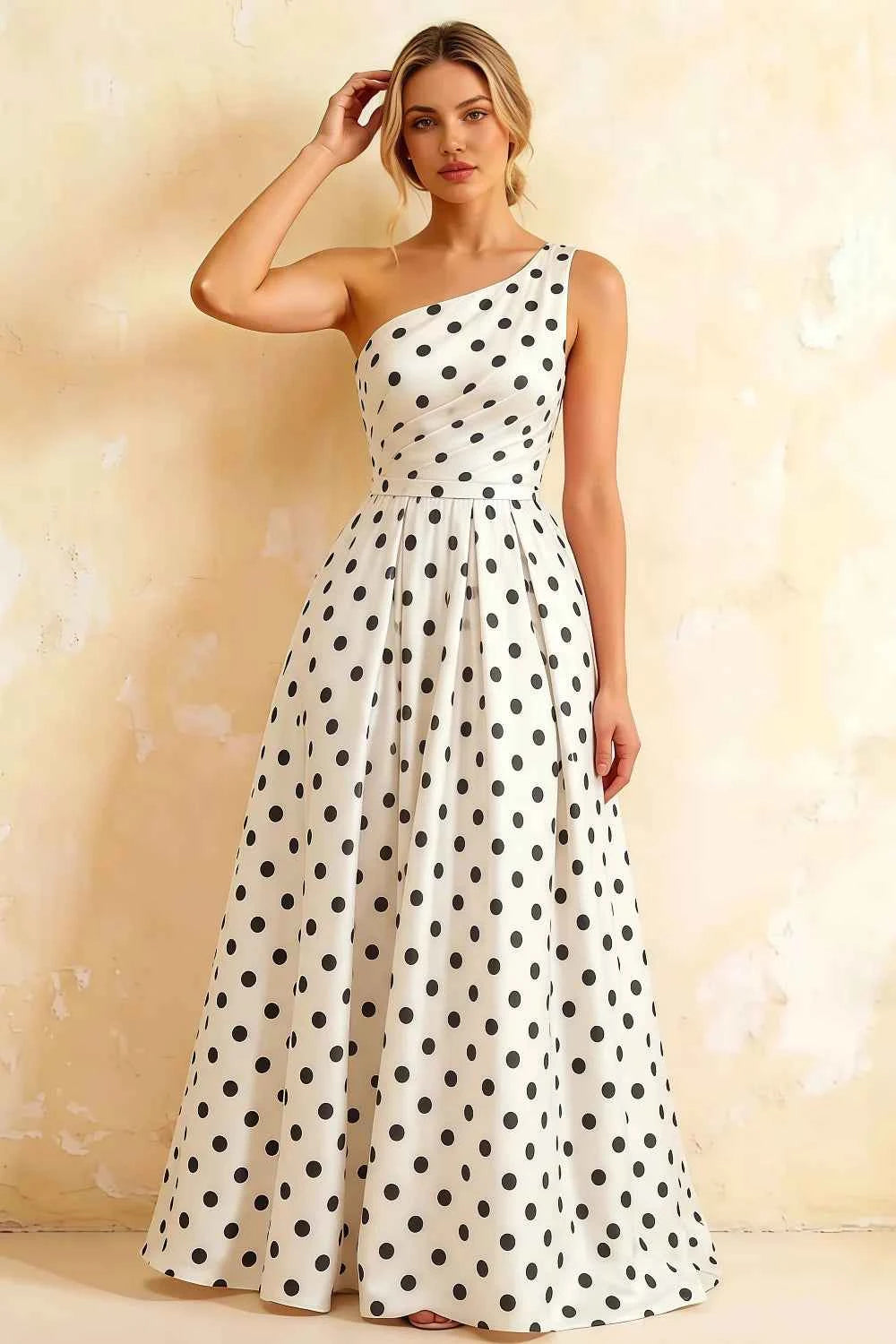 Jacqueline White Polka Dot A-line One Shoulder Maxi Dress