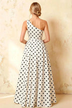 Jacqueline White Polka Dot A-line One Shoulder Maxi Dress