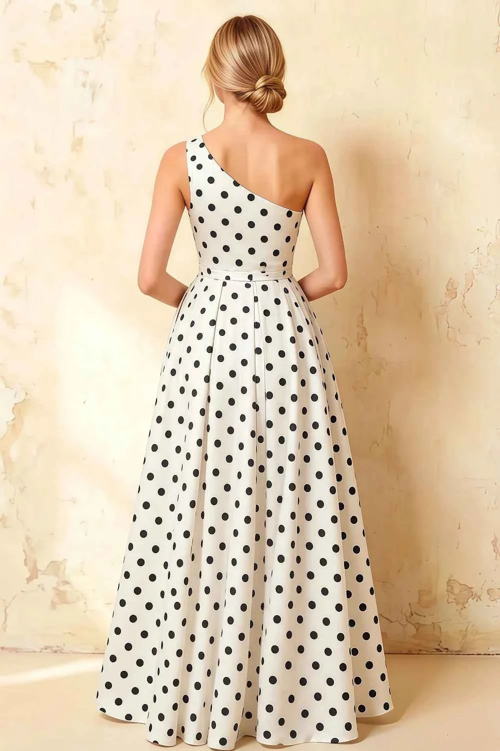Jacqueline White Polka Dot A-line One Shoulder Maxi Dress