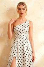 Jacqueline White Polka Dot A-line One Shoulder Maxi Dress