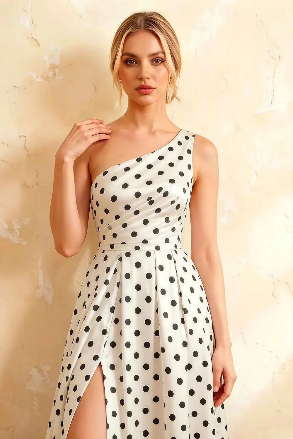 Jacqueline White Polka Dot A-line One Shoulder Maxi Dress