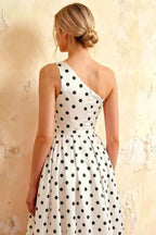 Jacqueline White Polka Dot A-line One Shoulder Maxi Dress