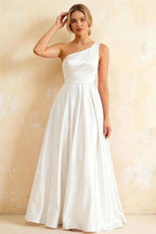 Jacqueline White Satin A-line One Shoulder Maxi Dress