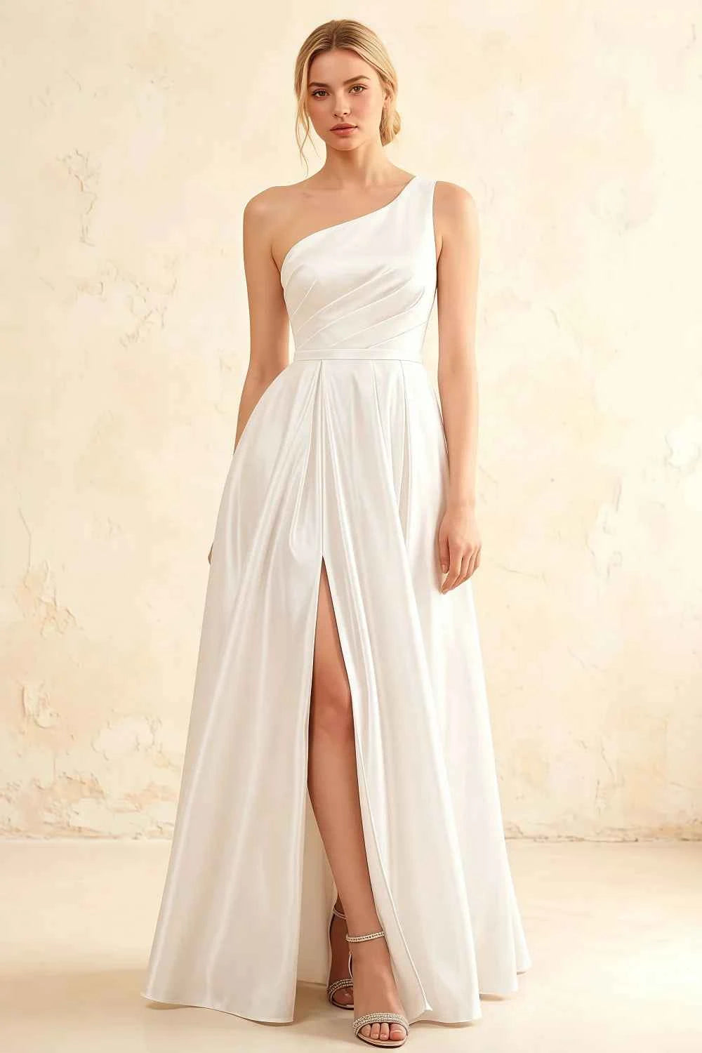 Jacqueline White Satin A-line One Shoulder Maxi Dress