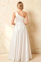 Jacqueline White Satin A-line One Shoulder Maxi Dress