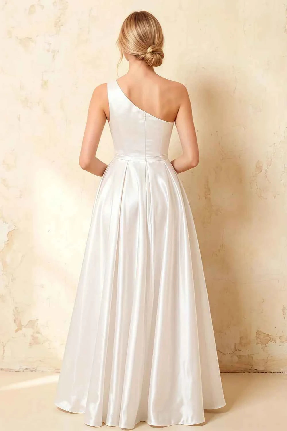 Jacqueline White Satin A-line One Shoulder Maxi Dress