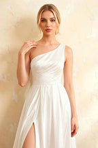 Jacqueline White Satin A-line One Shoulder Maxi Dress