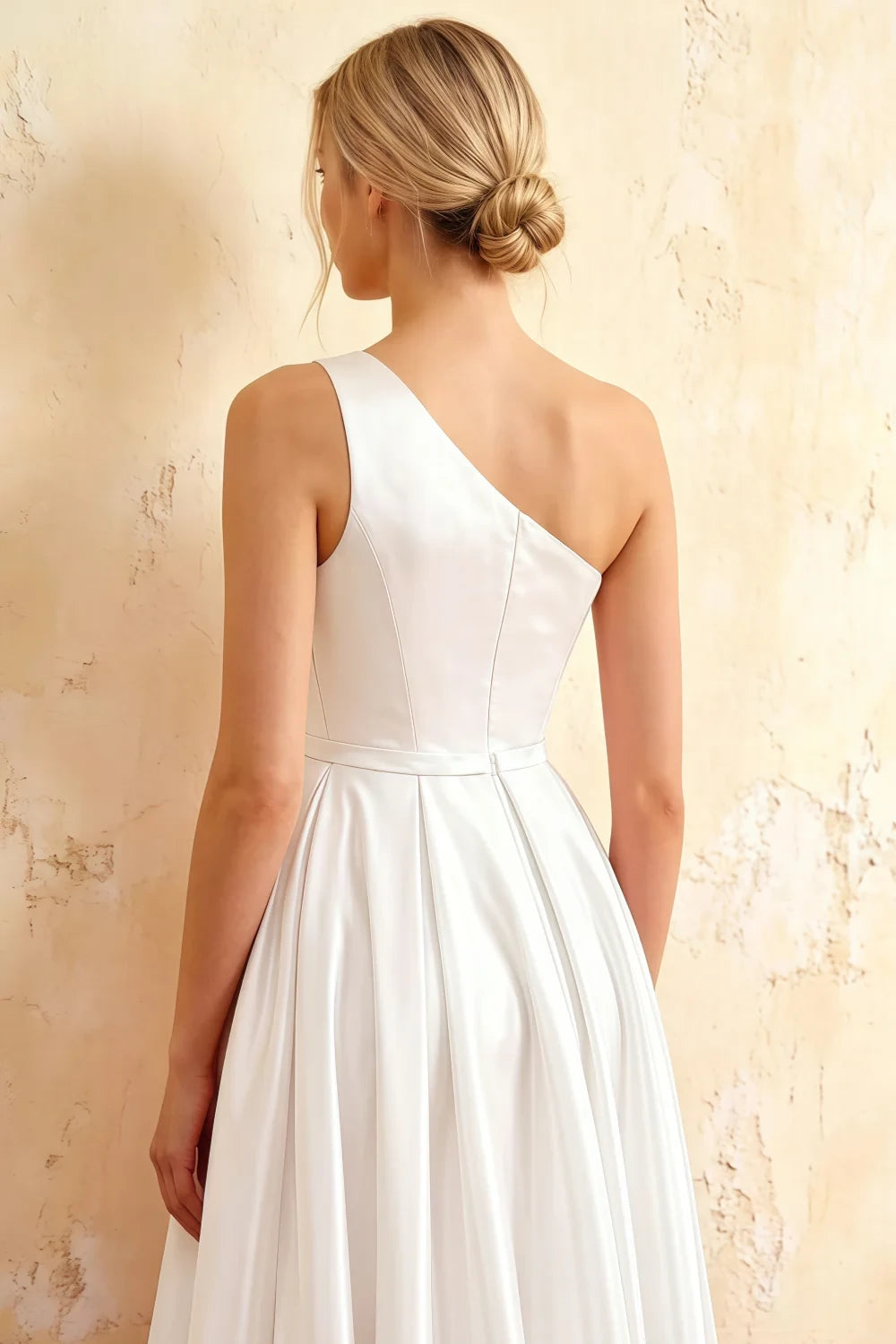 Jacqueline White Satin A-line One Shoulder Maxi Dress