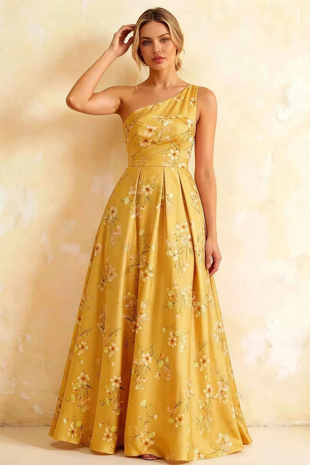 Jacqueline Yellow Floral A-line One Shoulder Maxi Dress
