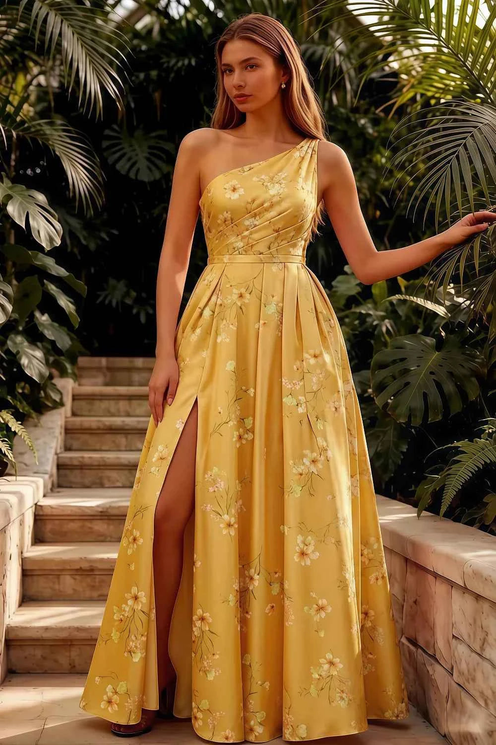 Jacqueline Yellow Floral A-line One Shoulder Maxi Dress