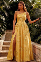 Jacqueline Yellow Floral A-line One Shoulder Maxi Dress