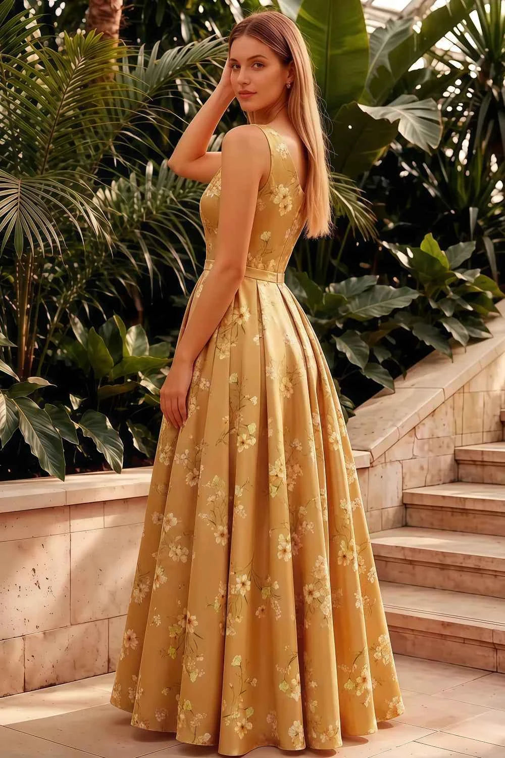 Jacqueline Yellow Floral A-line One Shoulder Maxi Dress