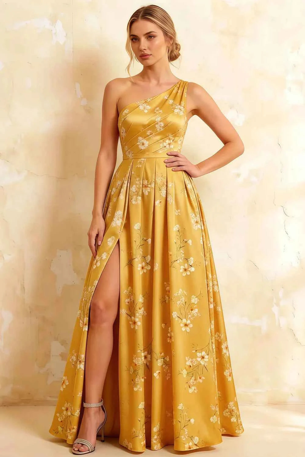 Jacqueline Yellow Floral A-line One Shoulder Maxi Dress