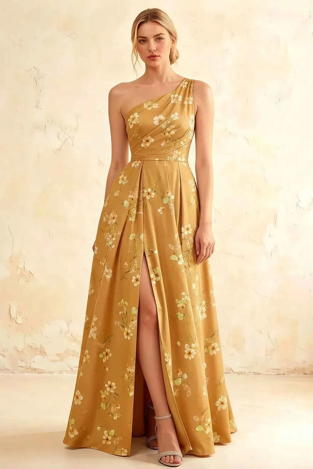 Jacqueline Yellow Floral A-line One Shoulder Maxi Dress