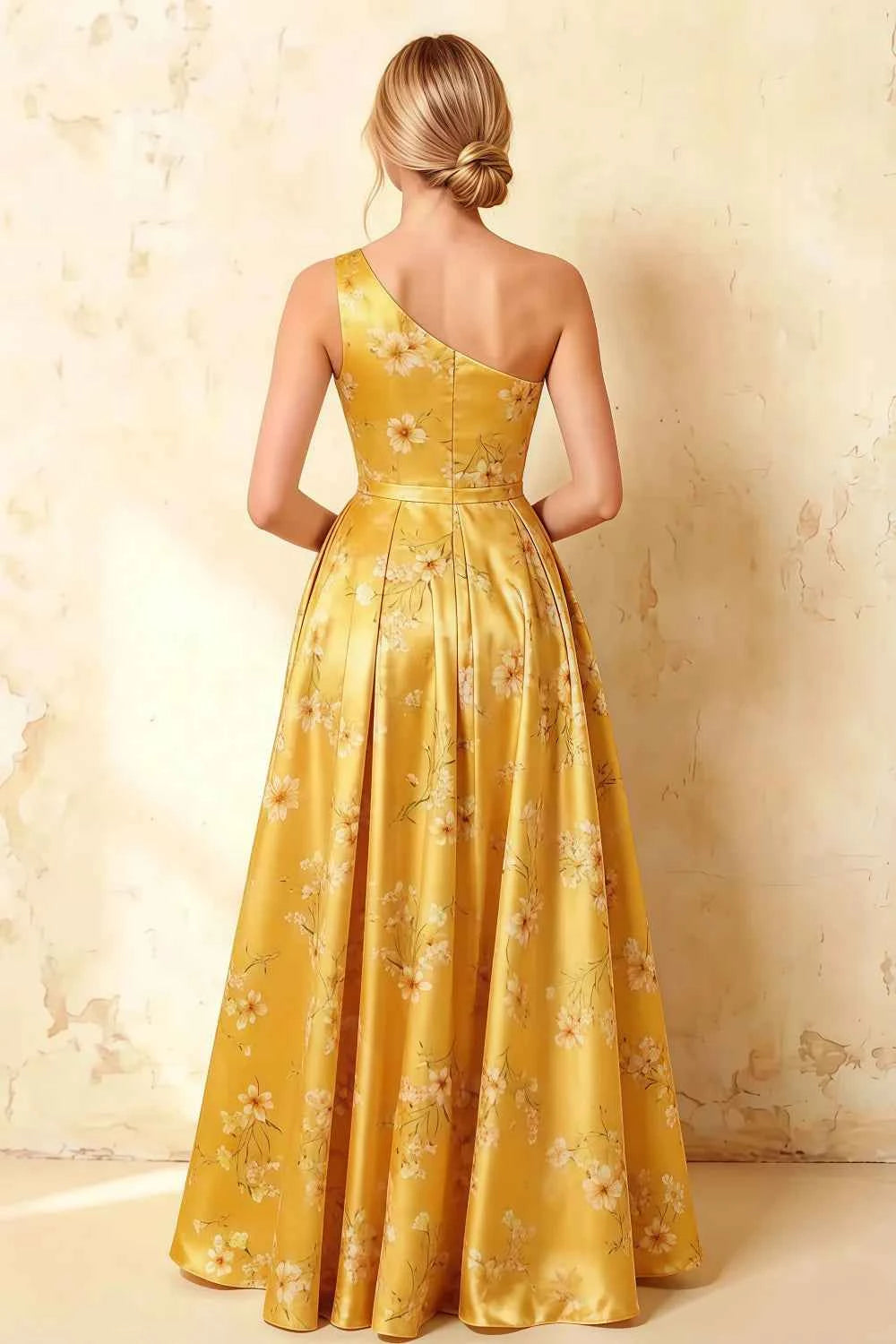 Jacqueline Yellow Floral A-line One Shoulder Maxi Dress