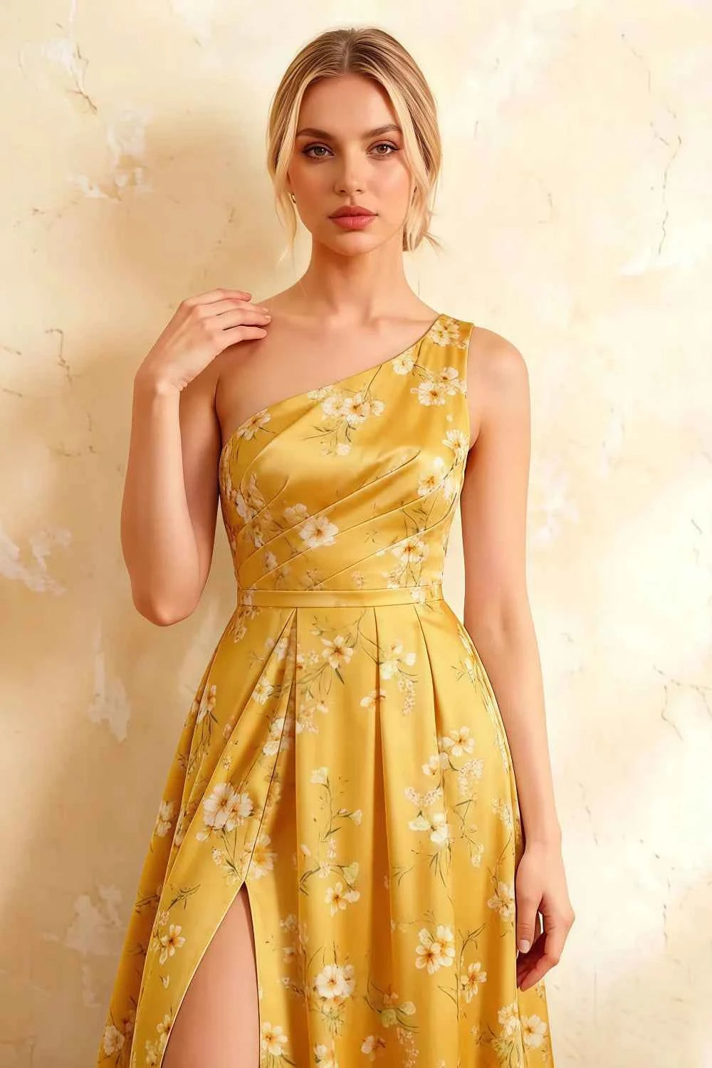 Jacqueline Yellow Floral A-line One Shoulder Maxi Dress