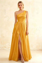 Jacqueline Yellow Satin A-line One Shoulder Maxi Dress
