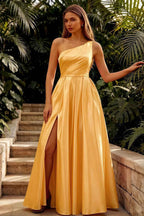 Jacqueline Yellow Satin A-line One Shoulder Maxi Dress