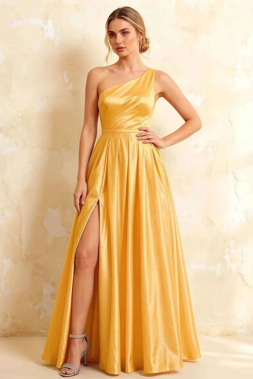 Jacqueline Yellow Satin A-line One Shoulder Maxi Dress